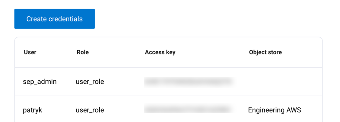 Object stores credentials view