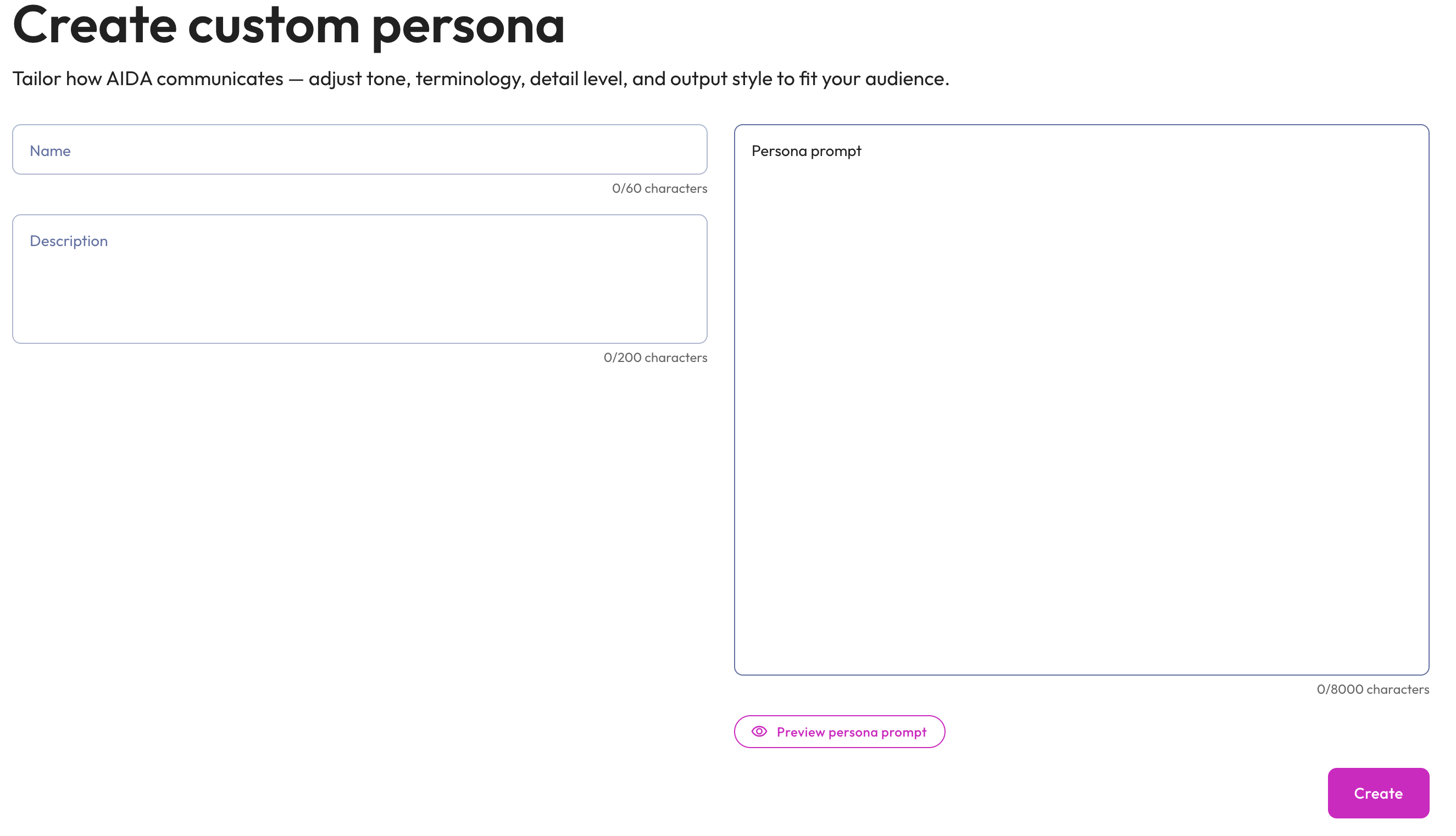 Starburst AIDA create custom persona dialog